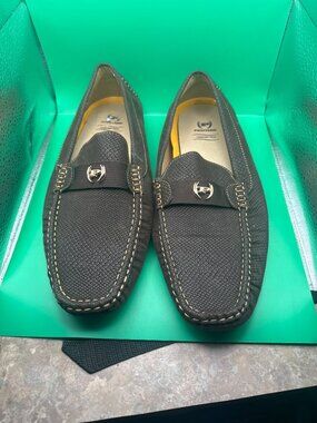 Mens Faux Leather Brown Loafers With Gold Buckle Accent & Comfort Tech Sole Size